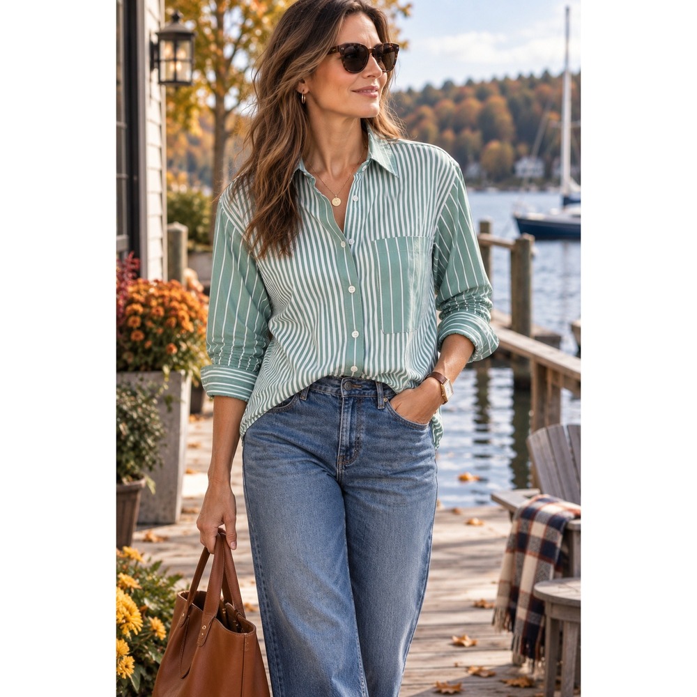 Abercrombie & Fitch Green White Striped Button Down Shirt Small Coastal Preppy